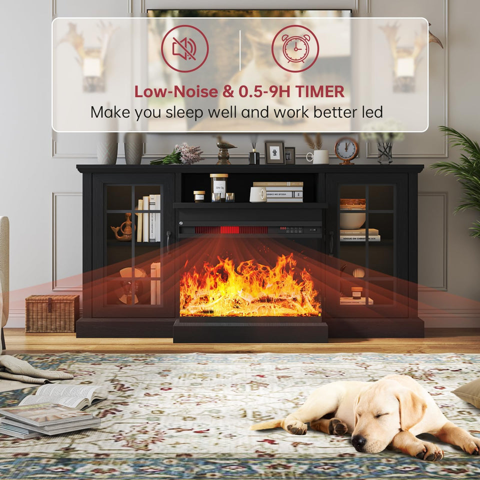 oneinmil 36 Inch 3-Sided Glass Fireplace TV Stand for TVs up to 80", Rustic Media Entertainment Center Console Table with Glass Door Closed Storage, Set of TV Table, White