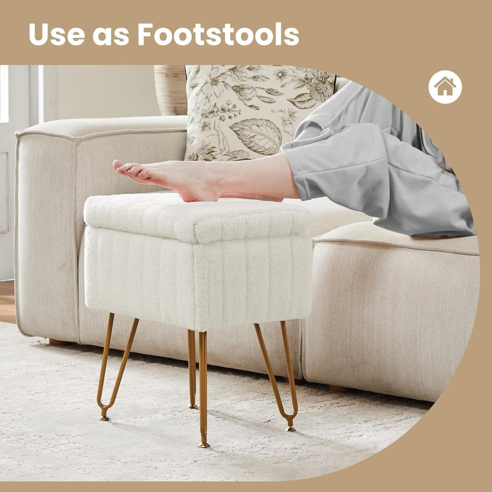 DUMOS Vanity Stool Chair, Ottoman with Storage, Makeup Cute Soft Small Footstool, Modern Style Faux Fur Seat with 4 Metal Legs & Adjustable Feet for Dressing, Living Room, Bedroom, Dorm, Grey