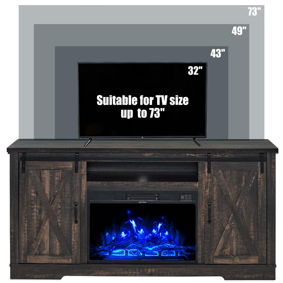AMERLIFE Fireplace TV Stand with Sliding Barn Door for TVs up to 73", Farmhouse 63" Fireplace Entertainment Center with Storage Cabinets/Adjustable Shelves, Distressed White & Barnwood