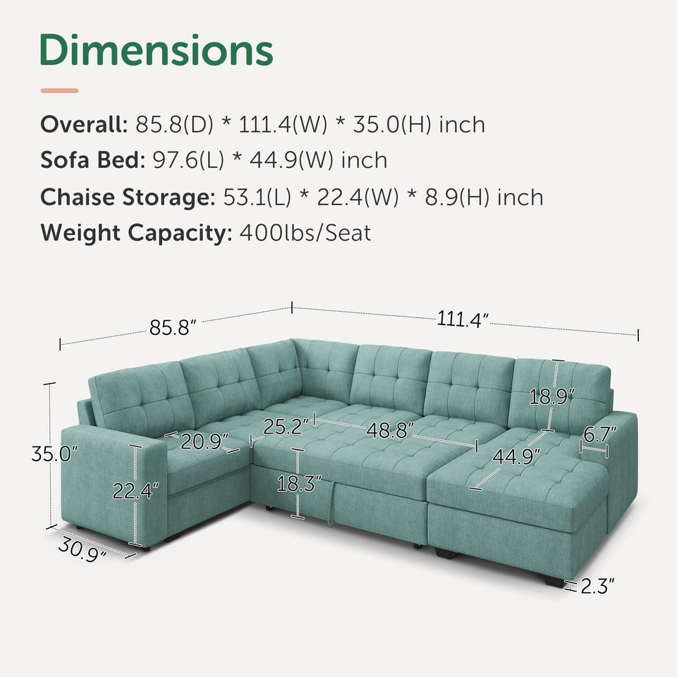 HONBAY Sectional Sleeper Sofa Pull Out Bed with Storage Chaise, Sectional Sofa Couch, Sleeper Couch Bed for Living Room, Dark Grey