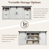 JXQTLINGMU Farmhouse TV Stand for 75+ Inch TV, 32" Tall Entertainment Center w/4 Drawers & Sliding Barn Door, Rustic Media Console w/Storage Shelves, 66" Wood Television Stand for Living Room, Brown