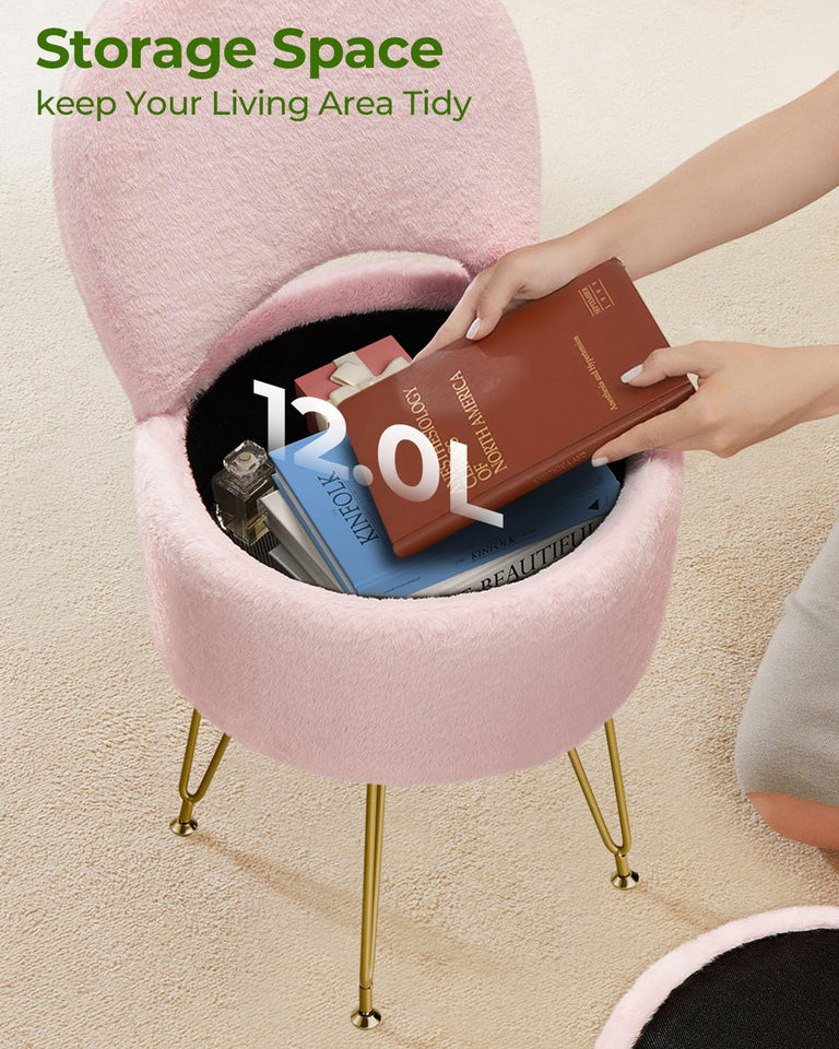 GREENSTELL Small Vanity Stool Chair with Storage and Folding Back, 13" x 13" x 17.7" Faux Fur Soft Ottoman for Teenager, 4 Metal Legs with Anti-Slip Feet, Furry Padded Seat for Makeup, Bedroom, White