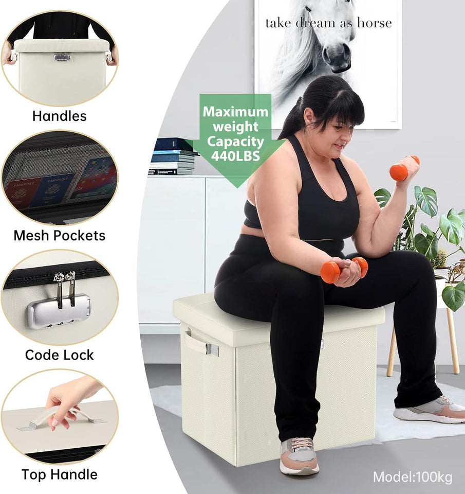 DocSafe Storage Ottoman with Lock,Fireproof Folding Ottoman Foot Rest Stool Storage Chest with Storage Safe for Important Documents,Waterproof 17 Inches Short Ottoman Foot Stool with Handles,Black