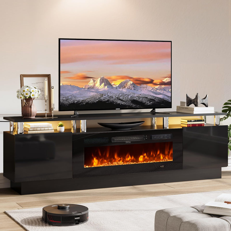 OneBlis 70" TV Stand for Living Room, Modern Entertainment Center & Media Console, Fits TVs up to 80", Storage Cabinet with Shelves, 36" Electric Fireplace with LED Flame (All Black)