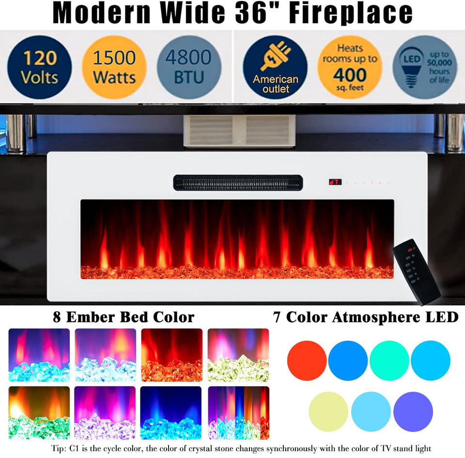 AMERLIFE Fireplace TV Stand with 36" Fireplace, 70" Modern High Gloss Fireplace Entertainment Center LED Lights, 2 Tier TV Console Cabinet for TVs Up to 80", Obsidian Black