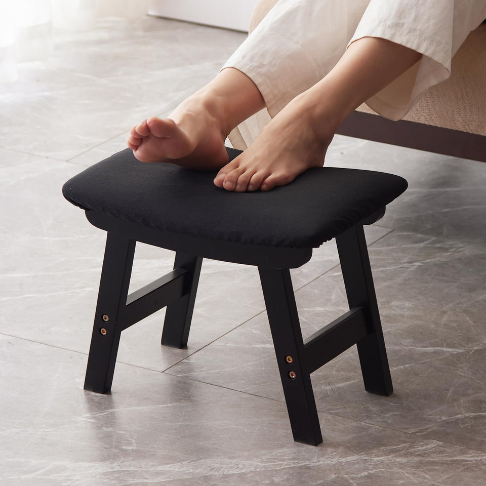 Foot Stool,Ottoman,Bamboo Small Sofa Foot Rest Under Desk,Extra Seating for Living Room, Bedroom and Kitchen(Brown Stool Legs - Beige Surface)