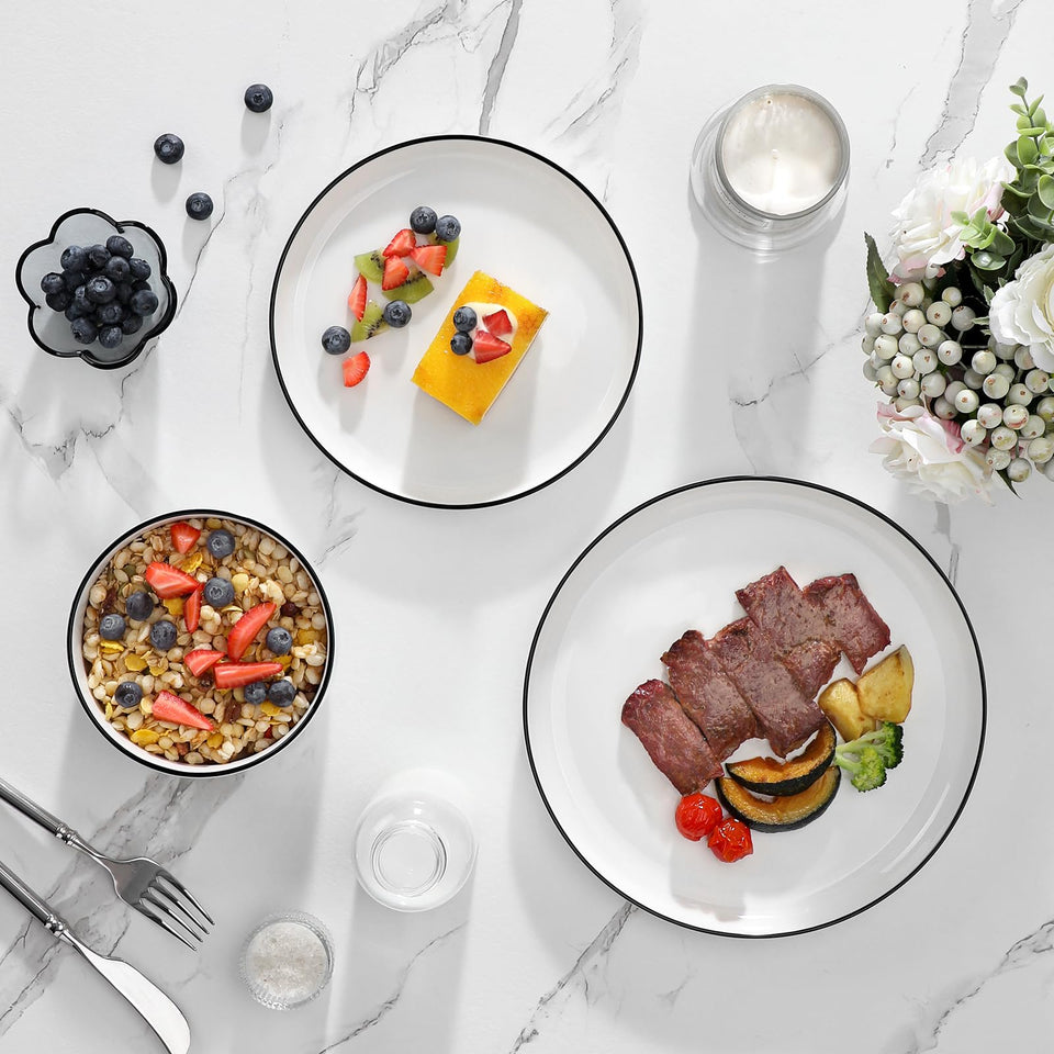 MALACASA Plates and Bowls Sets, 24 Pieces Modern Porcelain Dinnerware Set for 6 Ceramic Dishware Dishes White Kitchen Dinner Dining Ware Set wtih Black Rim Microwave and Dishwasher Safe, Series LUNA