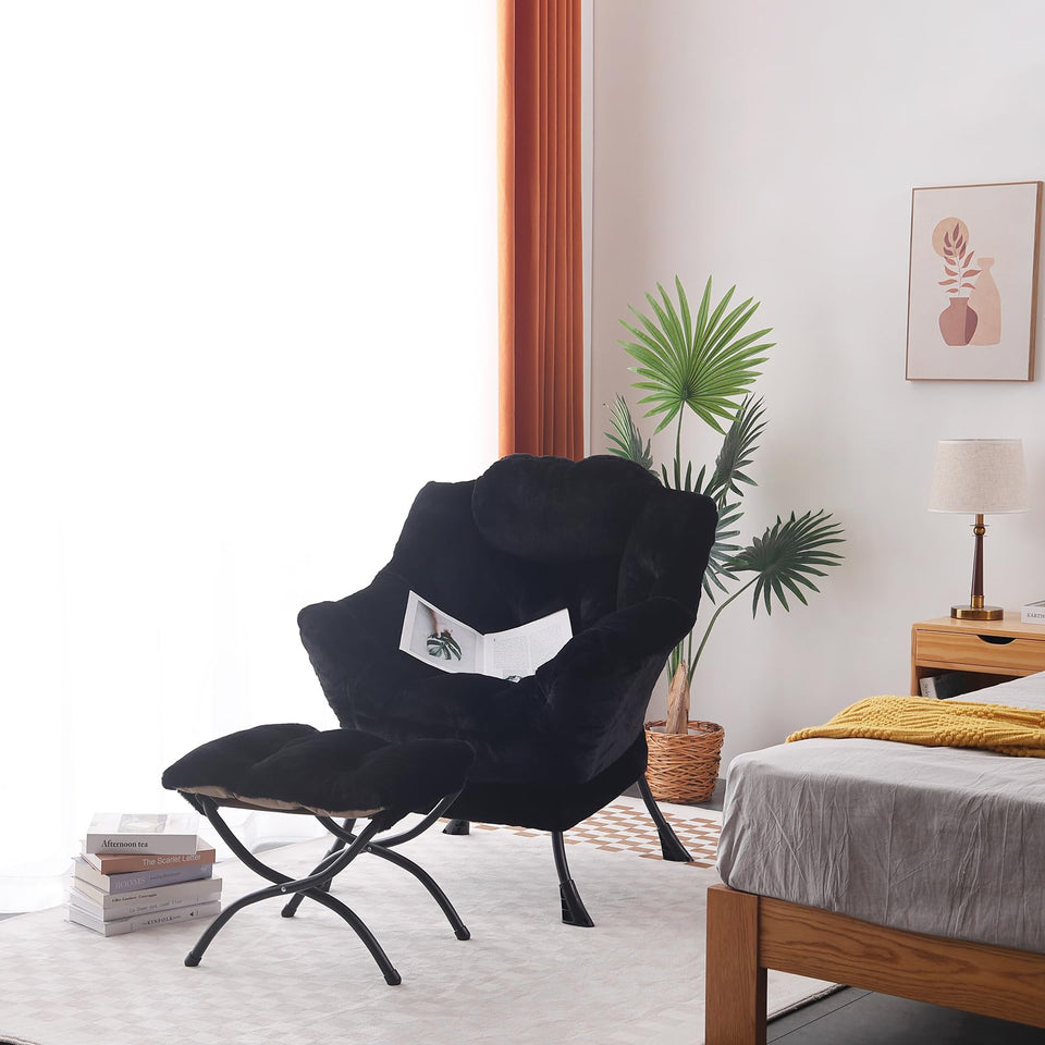 LITA Lazy Chair with Ottoman, Modern Accent Leisure Upholstered Lazy Sofa Armchair, Contemporary Lounge Reading Chair with Armrests and a Side Pocket for Living Room, Bedroom & Small Space, Dark Grey