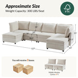 HULALA HOME 127'' Modular Sectional Sofa, Oversized U Shaped Couch with Storage Ottoman, Comfy Chenille Sofa with Deep Seat, 6 Seat Convertible Couches for Living Room, Beige