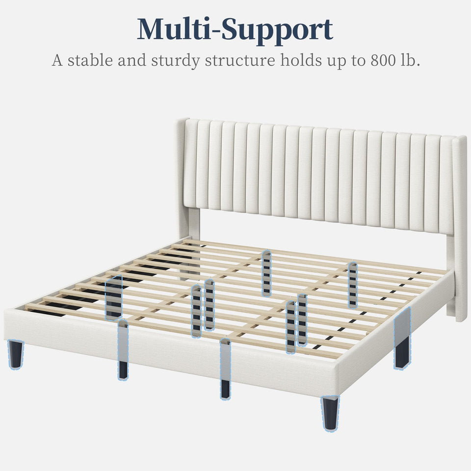 Yaheetech King Bed Frame Upholstered Platform Bed with Fabric Headboard, Wing Edge Design/Non-Slip and Noise-Free/Wooden Slats Support/No Box Spring Needed/Easy Assembly, Ivory King Bed
