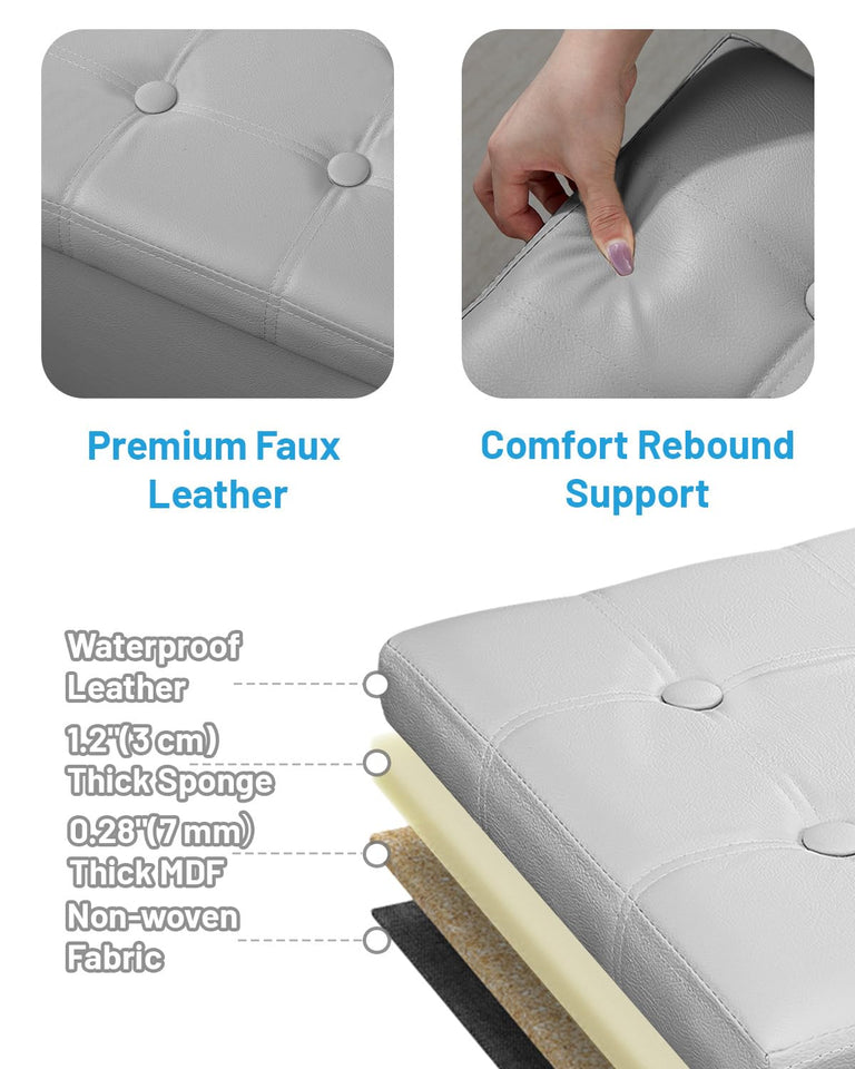 AmasSmile Storage Ottoman Folding Foot Rest Stool, Leather Footstool Bench, Short Ottoman Stool, Storage Foot Rest Store, Books (Black, 17" D x 13" W x 13" H)