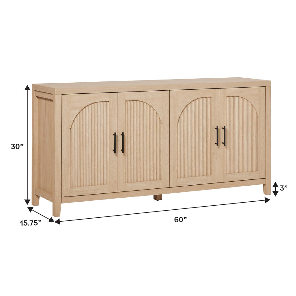Walker Edison Sasha 4-Door Reeded Sideboard Buffet with Cord Management, 70 Inch, Coastal Oak