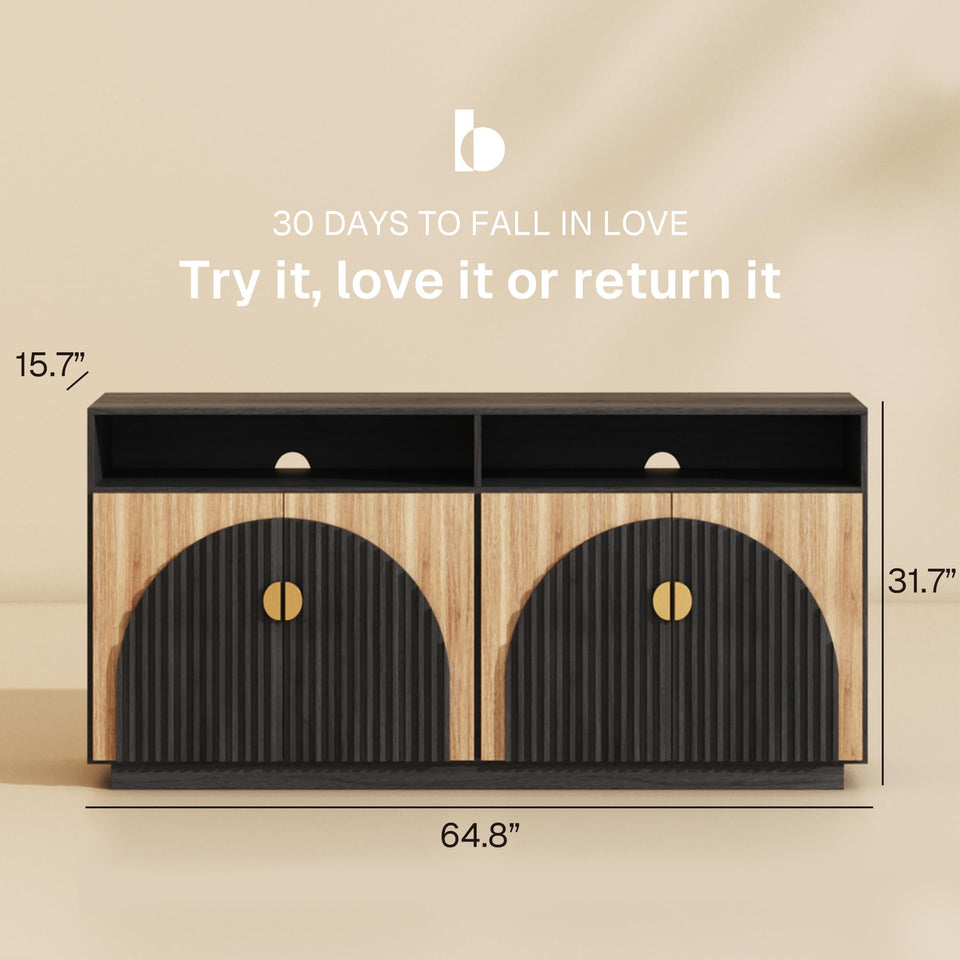 BELLEZE 65 Inch Fluted Buffet Cabinet with Storage, Symmetrical Arc Accent Sideboard Large Console Table for Dining Room, Kitchen, and Living Room (Caramel Brown)