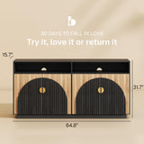 BELLEZE 65 Inch Fluted Buffet Cabinet with Storage, Symmetrical Arc Accent Sideboard Large Console Table for Dining Room, Kitchen, and Living Room (Caramel Brown)