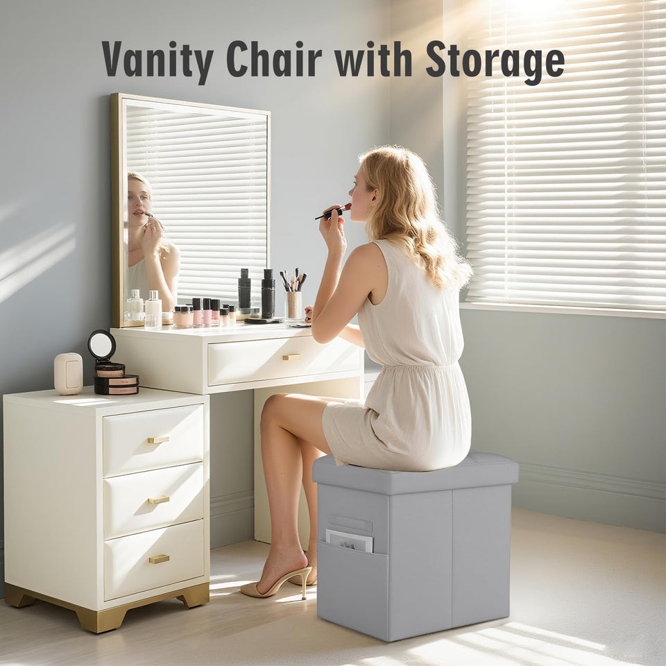 Storage Ottoman Foot Rest Stool, Foldable Leather Footstool Storage Bench with Thicker Foam Padded Seat. Foot Rest Under Desk for Living Room Bedroom 350 lbs, 17x13x13 in, Brown