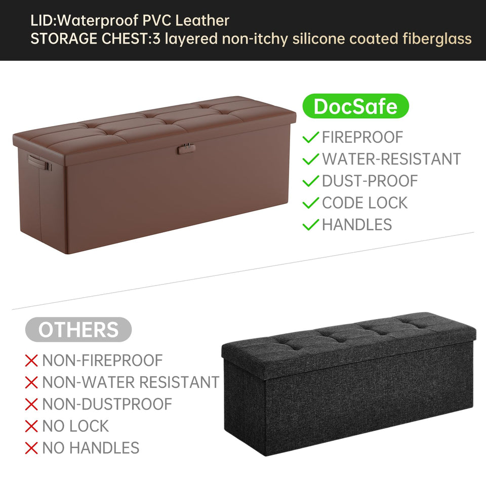 DocSafe Storage Ottoman with Lock,Fireproof Folding Ottoman Foot Rest Stool Storage Chest with Storage Safe for Important Documents,Waterproof 17 Inches Short Ottoman Foot Stool with Handles,Black