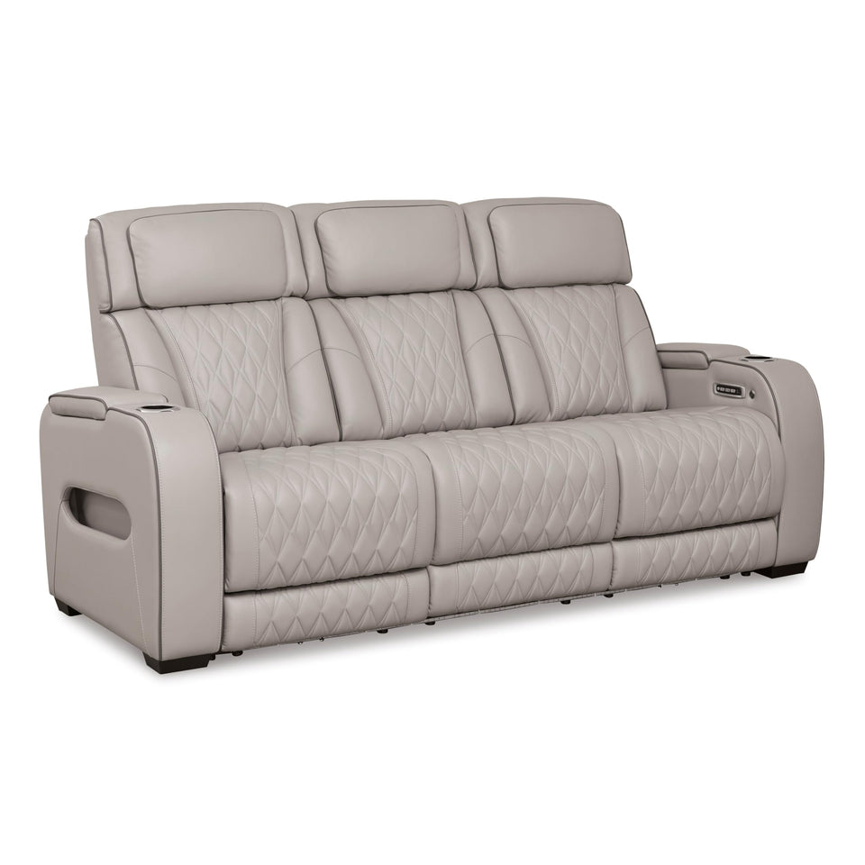 Signature Design by Ashley Boyington Contemporary Leather Match Power Reclining Sofa with USB Charging Ports, LED Lights and Adjustable Headrest, Light Gray