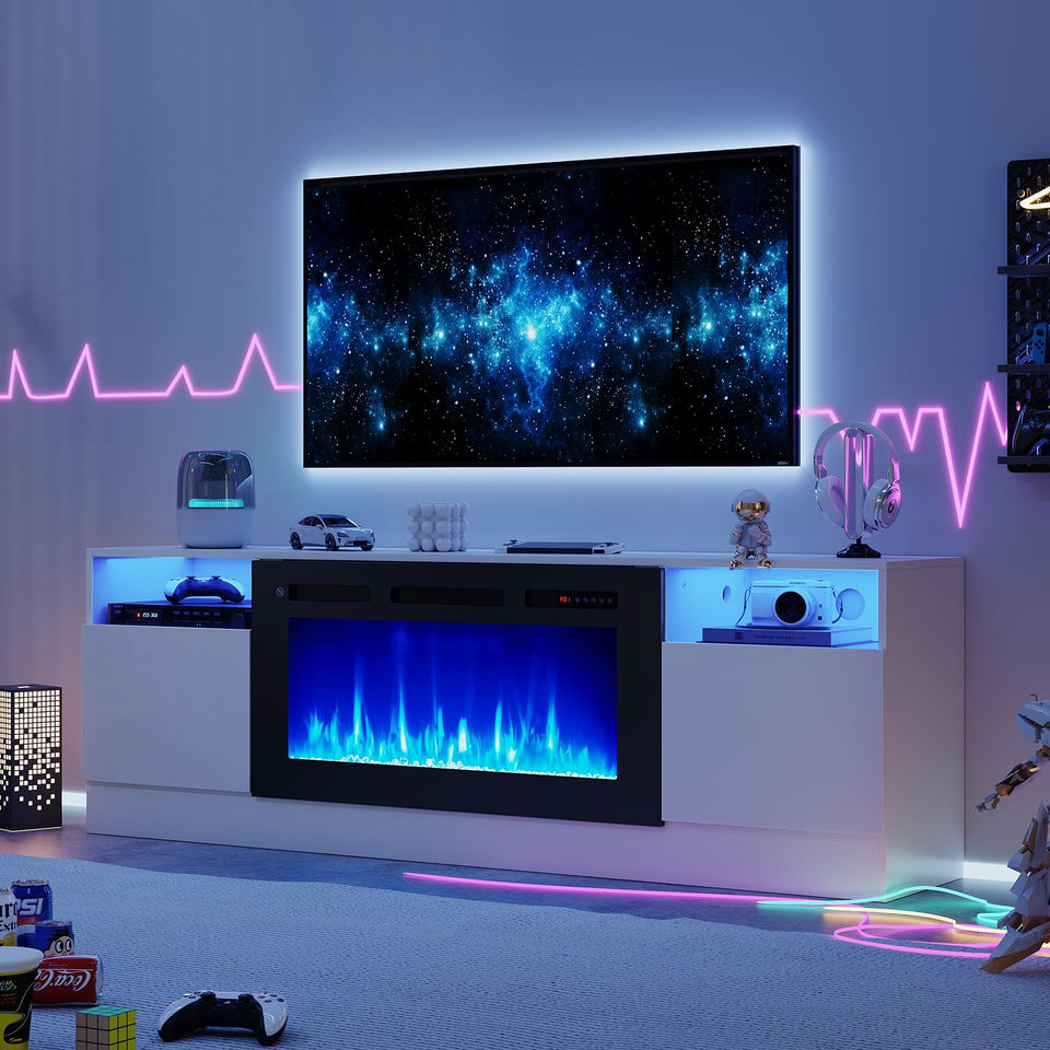 OneBlis 80" Fireplace TV Stand, LED Light Entertainment Center for TVs Up to 90", High-Gloss Door, Modern TV Console for Living Room with Storage Cabinet, Black+Black