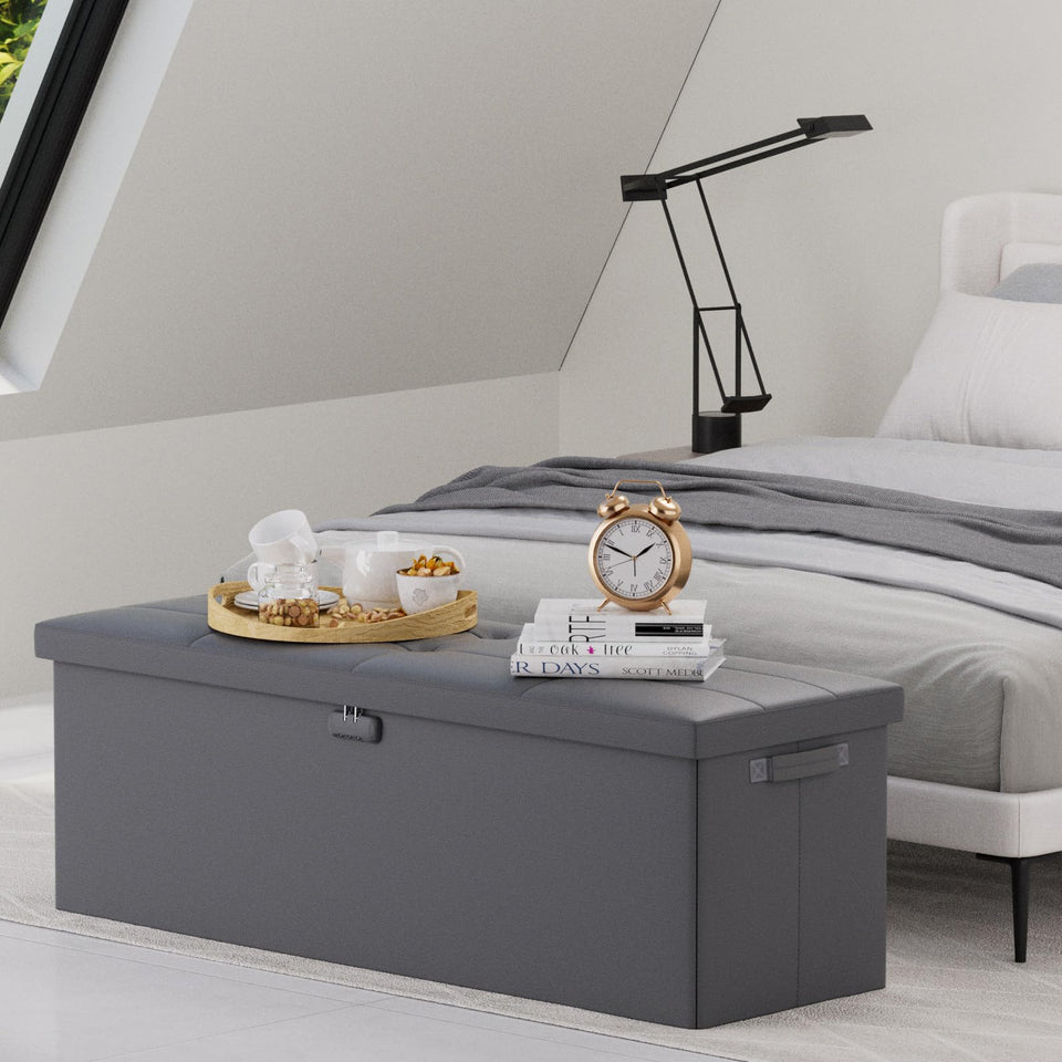 DocSafe Storage Ottoman with Lock,Fireproof Folding Ottoman Foot Rest Stool Storage Chest with Storage Safe for Important Documents,Waterproof 17 Inches Short Ottoman Foot Stool with Handles,Black