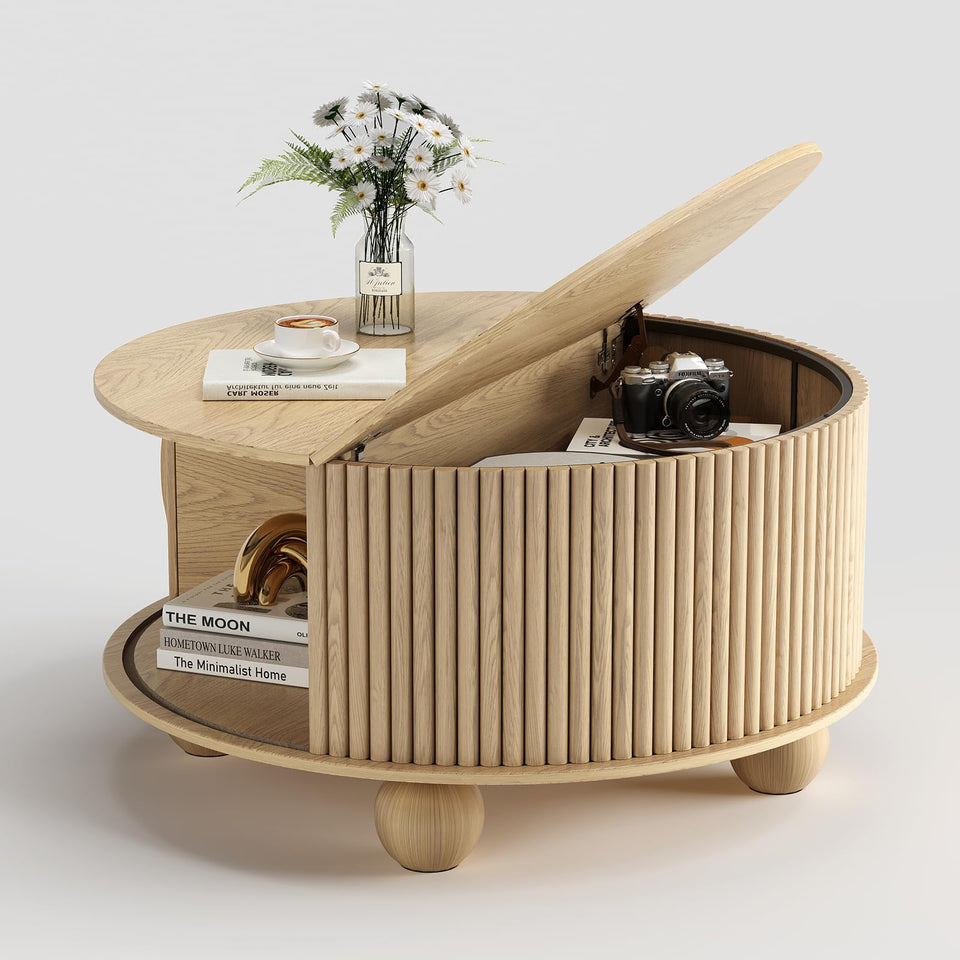 JOINICE, Round Coffee Table with Storage, Mid Century Modern Center Table with Sliding Cabinet Door, Fluted Dining Table for Living Room, Home Small Space, 31.5", Walnut