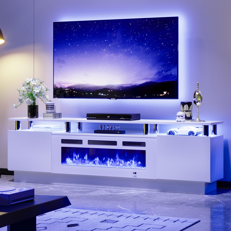 OneBlis 70" TV Stand for Living Room, Modern Entertainment Center & Media Console, Fits TVs up to 80", Storage Cabinet with Shelves, 36" Electric Fireplace with LED Flame (All Black)