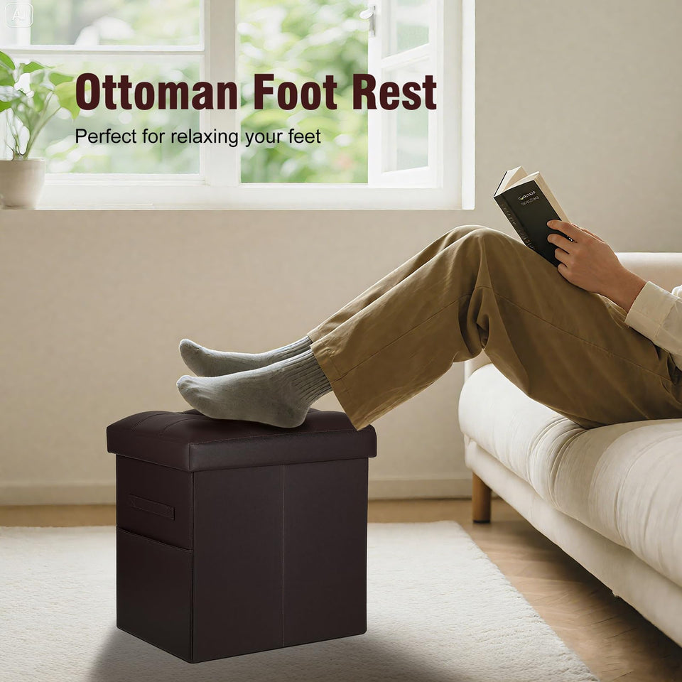 Storage Ottoman Foot Rest Stool, Foldable Leather Footstool Storage Bench with Thicker Foam Padded Seat. Foot Rest Under Desk for Living Room Bedroom 350 lbs, 17x13x13 in, Brown