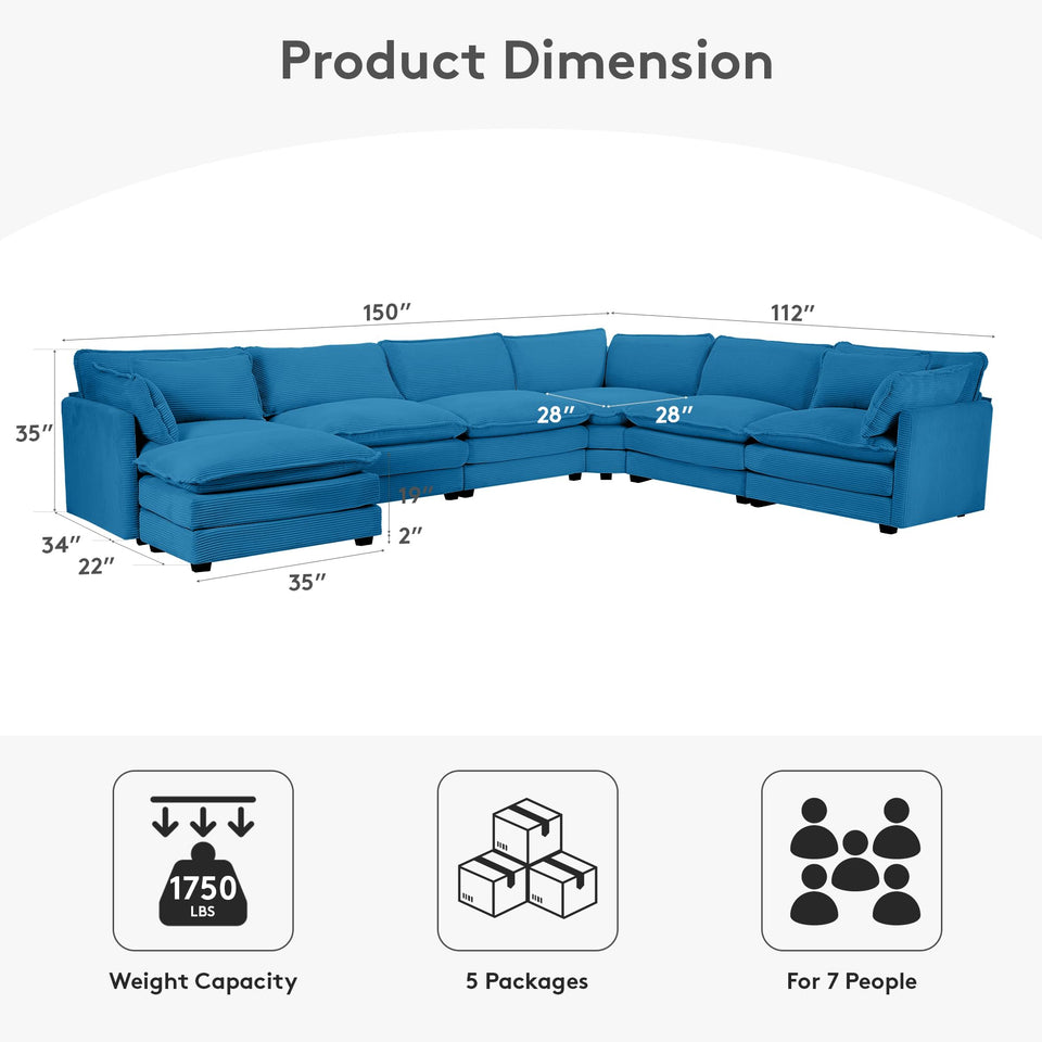 ROWHY 150'' Modular Sectional Sofa Cloud Couch, Corner Sofa Big Comfy Corduroy Oversized L Shaped Couch with 4 Pillows, Chaise, Ottoman, Deep Seat Couches for Living Room Office, Dark Grey