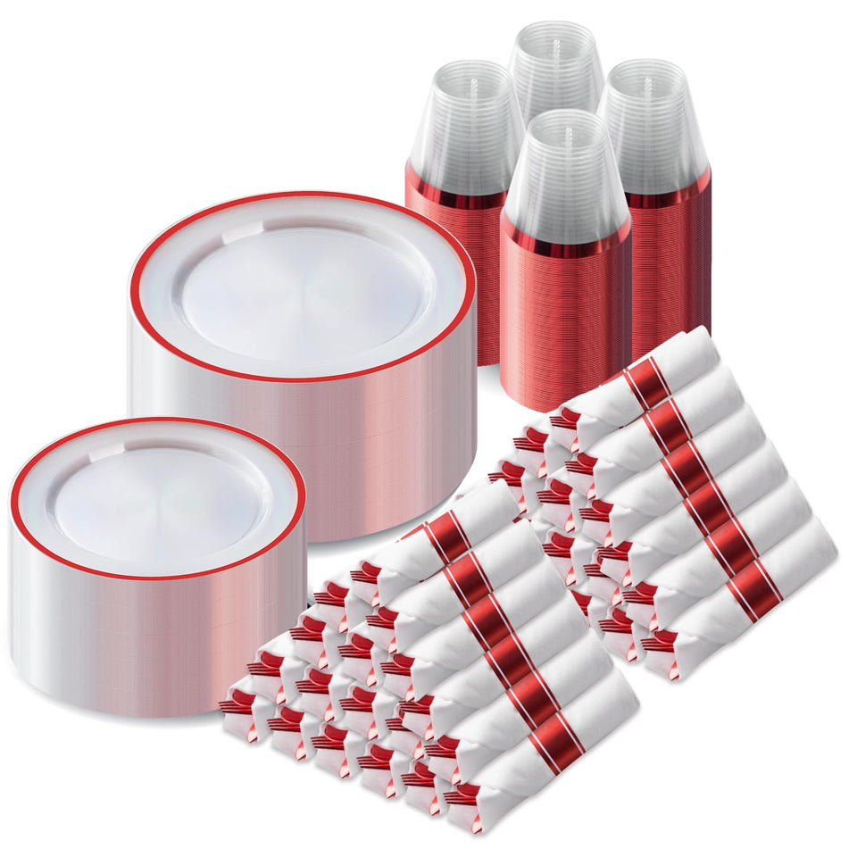 Goodluck 700 Piece Dark Blue Plastic Dinnerware Set for Party, Clear Disposable Plates for 100 Guests, Include: 100 Dinner Plates, 100 Dessert Plates, 100 Pre Rolled Napkins with Cutlery Set, 100 Cups