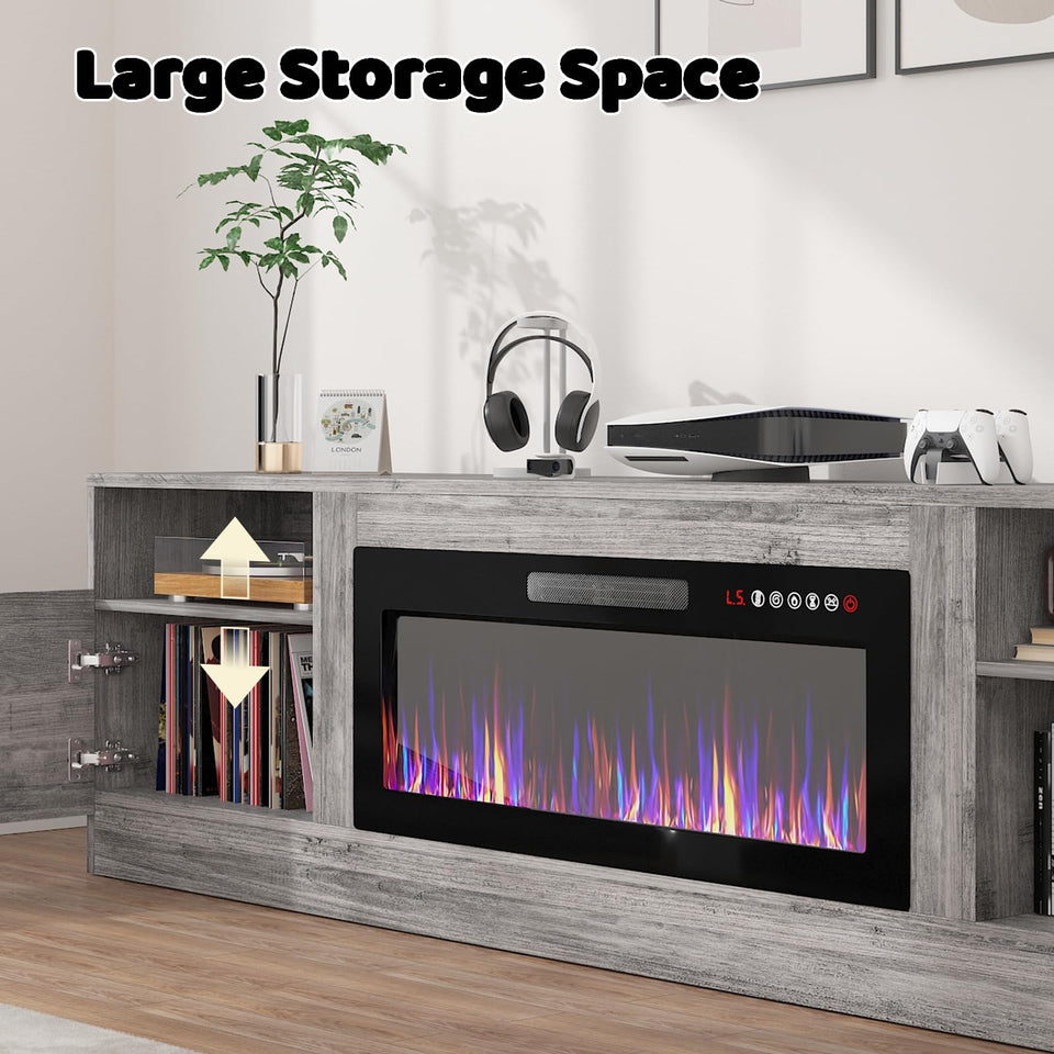 Lemberi Fireplace tv Stand with 36 inch Fireplace Up to 90" TVs, LED Light Entertainment Center and Storage, 80" Modern Wood Media TV Console with Highlight Cabinet for Living Room (White)