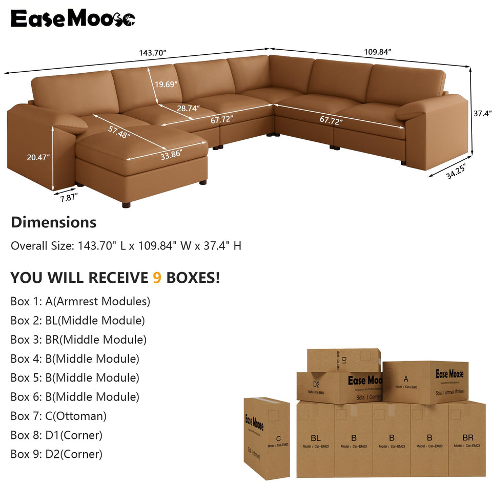 EASE MOOSE Leather Sectional Couch, Oversized Modular Sectional Sofas, Wide Deep Seat Modular Couch, Scratch Resistant Faux Leather Material, L Shaped Sofa for Big Spaces,Beige