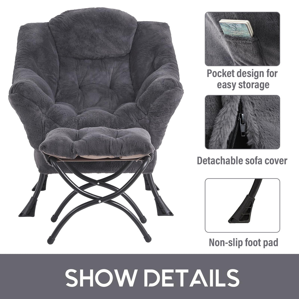 LITA Lazy Chair with Ottoman, Modern Accent Leisure Upholstered Lazy Sofa Armchair, Contemporary Lounge Reading Chair with Armrests and a Side Pocket for Living Room, Bedroom & Small Space, Dark Grey