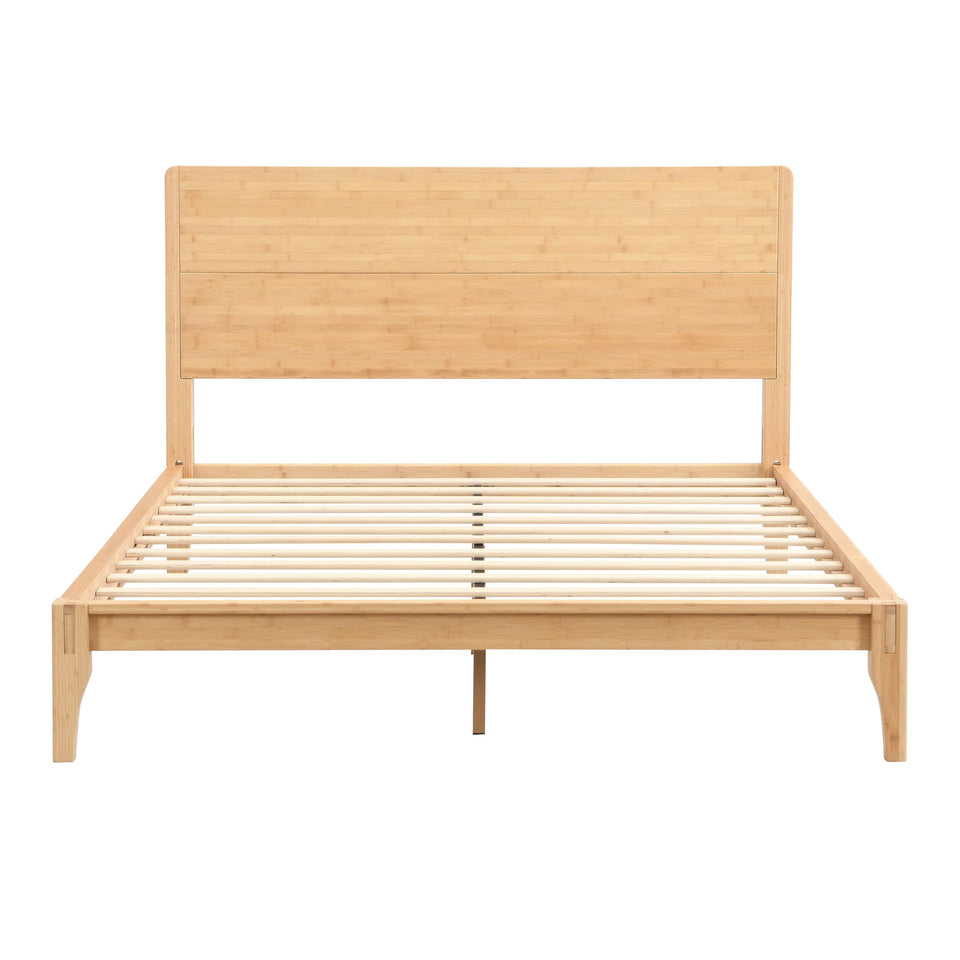 Merax Queen Size Bamboo Platform Bed, Mid-Century Modern Bed Frame with Tall Headboard, Solid Sustainable Bedframe Queen-size, Wood Slat Support, No Box Spring Needed, Easy Assembly, Noise Free, Brown