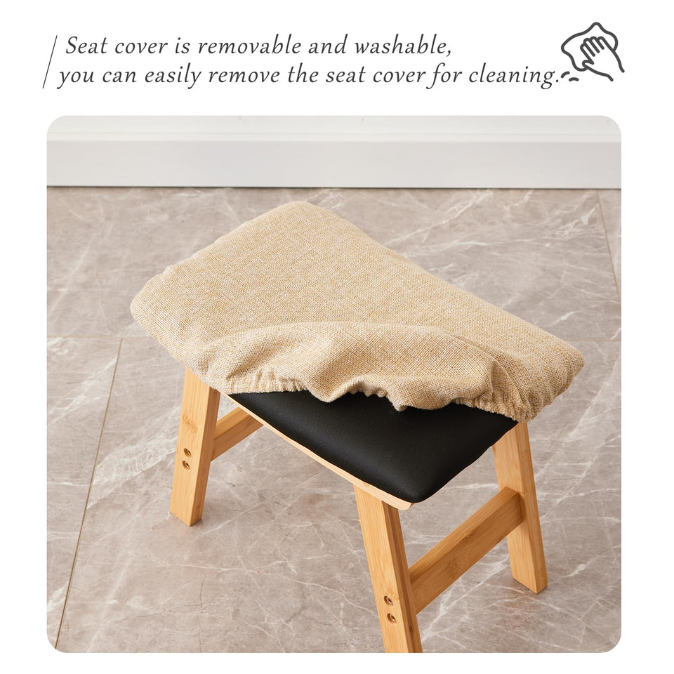 Foot Stool,Ottoman,Bamboo Small Sofa Foot Rest Under Desk,Extra Seating for Living Room, Bedroom and Kitchen(Brown Stool Legs - Beige Surface)