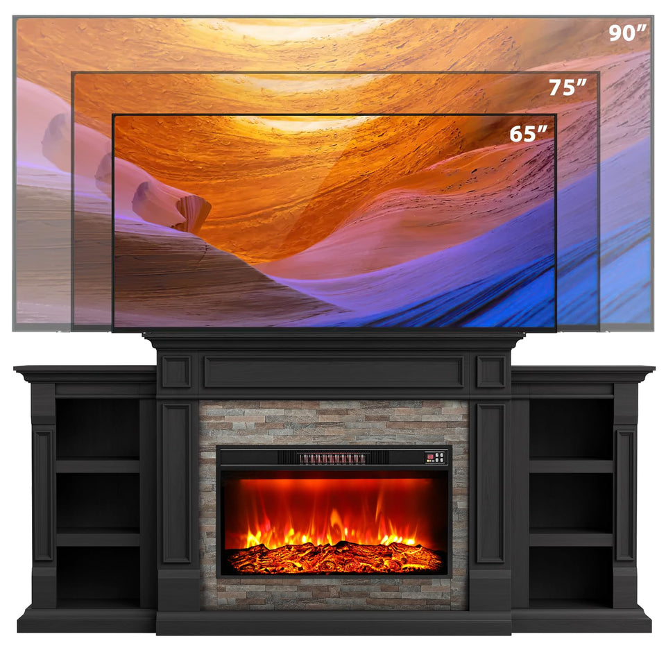 80" Fireplace TV Stand for TVs Up to 90 Inch, Electric Fireplace with Mantel, Farmhouse Entertainment Center with Storage, Realistic Stacked Stone Surround with Remote Control for Living Room