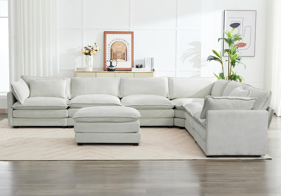 ROWHY 150'' Modular Sectional Sofa Cloud Couch, Corner Sofa Big Comfy Corduroy Oversized L Shaped Couch with 4 Pillows, Chaise, Ottoman, Deep Seat Couches for Living Room Office, Dark Grey