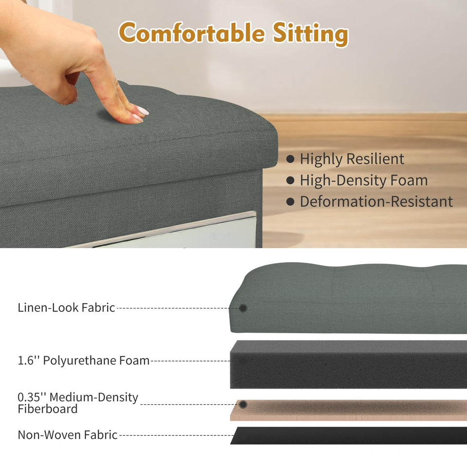 Storage Ottoman with Extra Thick Foam Padded Seat, Foldable Foot Rest Stool with Linen Fabric, 43L Ottoman with Storage Bench for Bedroom Living Room, Holds Up to 300lbs, 17x13x13in, Dark Gray