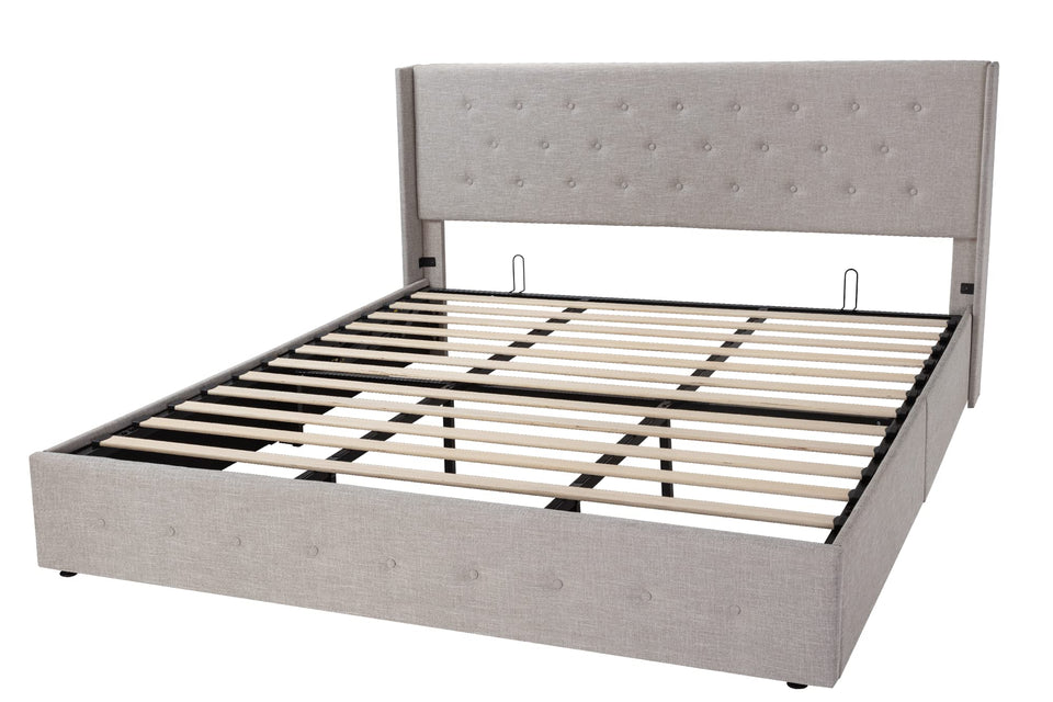 Allewie King Size Lift Up Storage Bed, Modern Wingback Headboard, Hydraulic Support, No Box Spring Needed, Light Beige