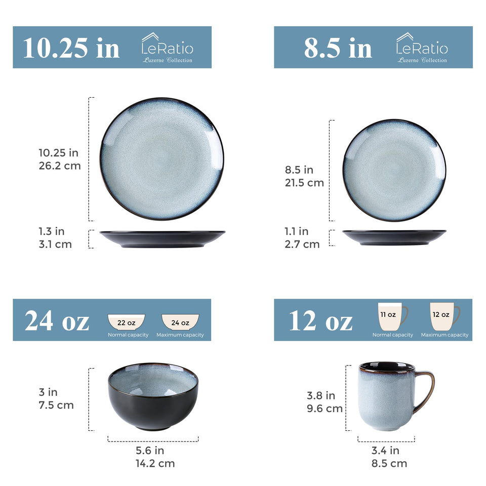 LeRatio Ceramic Dinnerware Sets for 6,Plates and Bowls Sets,Handmade Reactive Glaze Dishes Set,Chip Resistant and Scratch Resistant | Oven&Dishwasher & Microwave Safe-Blue(18PCS)