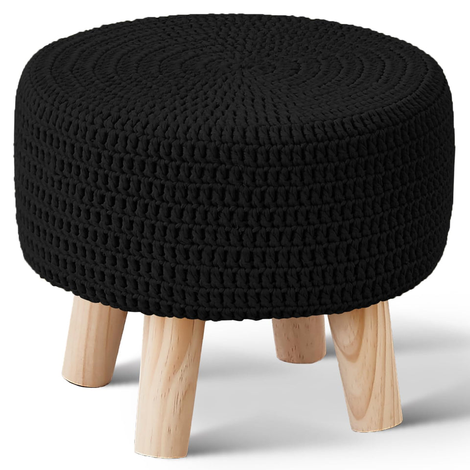 Wimarsbon Pouf Ottoman, 100% Cotton Knitted Boho Footstool, Round Footrest with Non-Skid Wood Legs, Home Décor Handmade Pouffe, Leisure Floor Step Stool for Living Room (Beige)