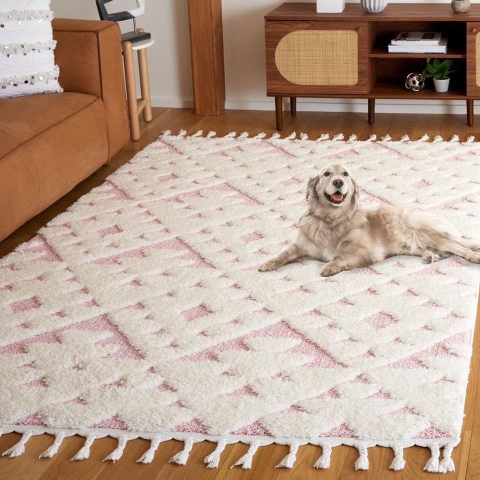 SAFAVIEH Area Rug 8x10 - Moroccan Tassel Shag Collection - Large - Ivory & Brown, Boho Design, Non-Shedding & Easy Cleaning, Plush Pile, Ideal for Living Room, Bedroom, Dining Space (MTS688A)