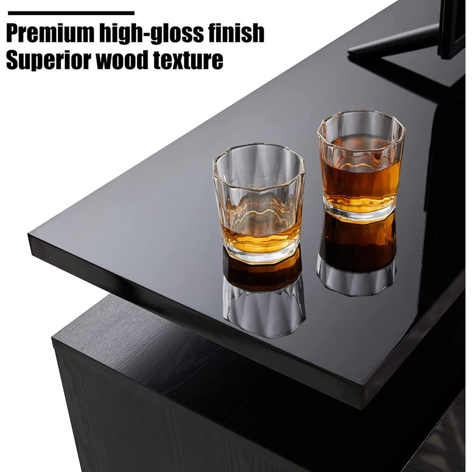 AMERLIFE Fireplace TV Stand with 36" Fireplace, 70" Modern High Gloss Fireplace Entertainment Center LED Lights, 2 Tier TV Console Cabinet for TVs Up to 80", Obsidian Black