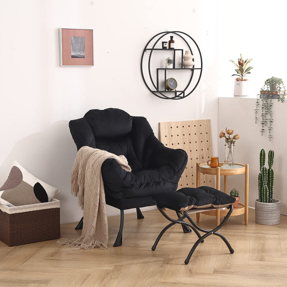 Welnow Lazy Chair with Ottoman, Modern Lounge Accent Chair with Armrests and a Side Pocket, Leisure Sofa Armchair, Reading Armchair with Footrest for Small Space, Dark Grey