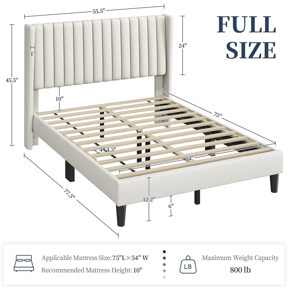 Yaheetech King Bed Frame Upholstered Platform Bed with Fabric Headboard, Wing Edge Design/Non-Slip and Noise-Free/Wooden Slats Support/No Box Spring Needed/Easy Assembly, Ivory King Bed