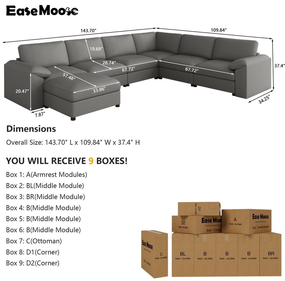 EASE MOOSE Leather Sectional Couch, Oversized Modular Sectional Sofas, Wide Deep Seat Modular Couch, Scratch Resistant Faux Leather Material, L Shaped Sofa for Big Spaces,Beige