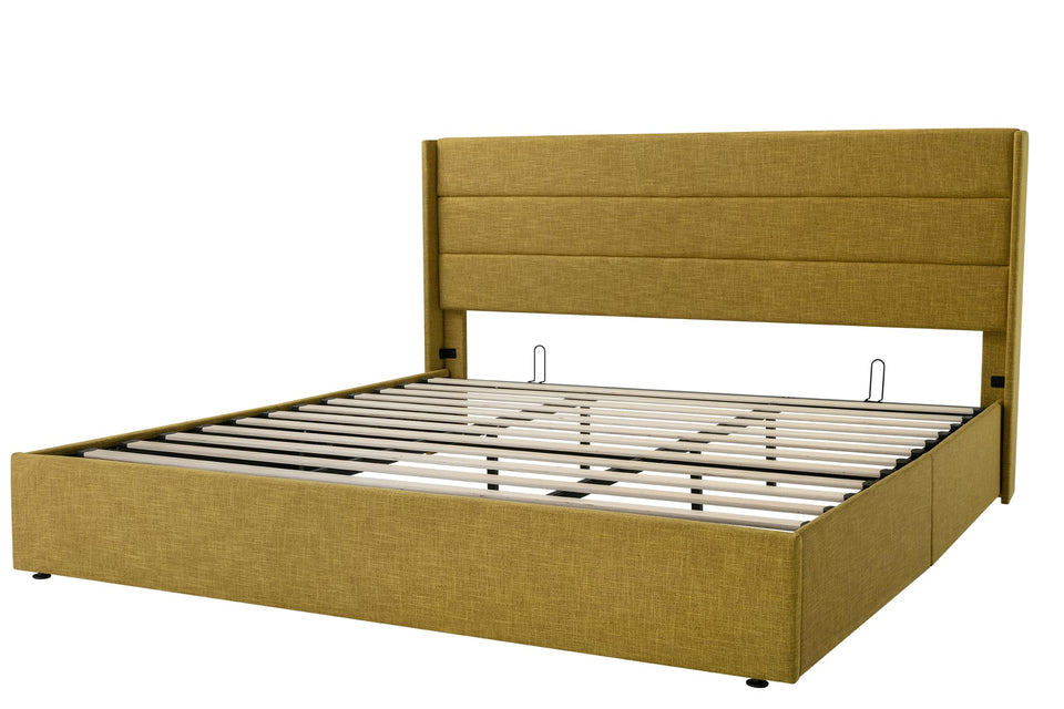 Allewie King Size Lift Up Storage Bed, Modern Wingback Headboard, Hydraulic Support, No Box Spring Needed, Light Beige