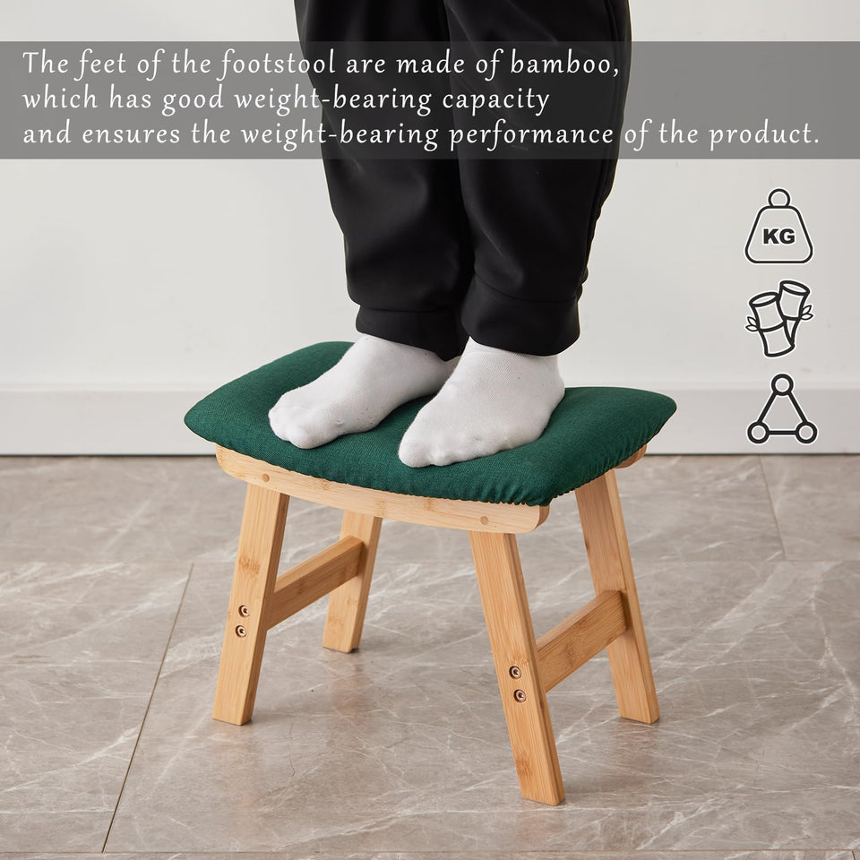 Foot Stool,Ottoman,Bamboo Small Sofa Foot Rest Under Desk,Extra Seating for Living Room, Bedroom and Kitchen(Brown Stool Legs - Beige Surface)