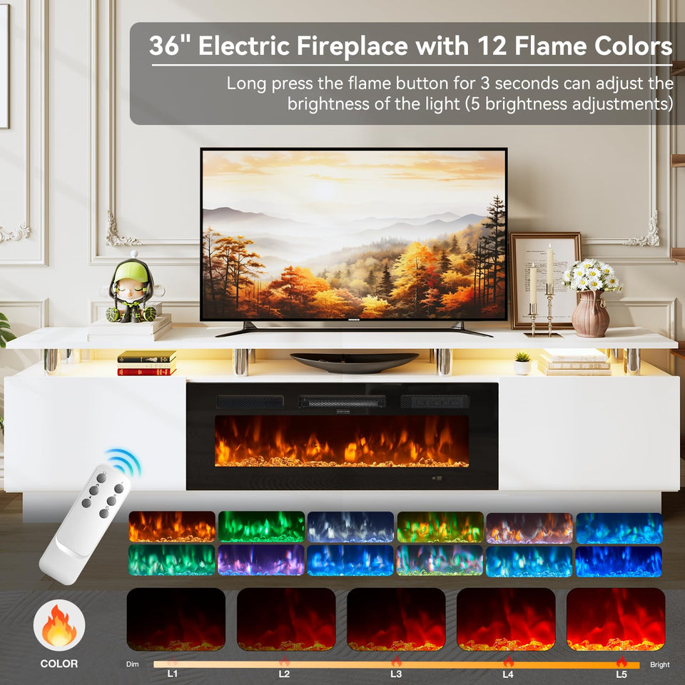 OneBlis 70" TV Stand for Living Room, Modern Entertainment Center & Media Console, Fits TVs up to 80", Storage Cabinet with Shelves, 36" Electric Fireplace with LED Flame (All Black)