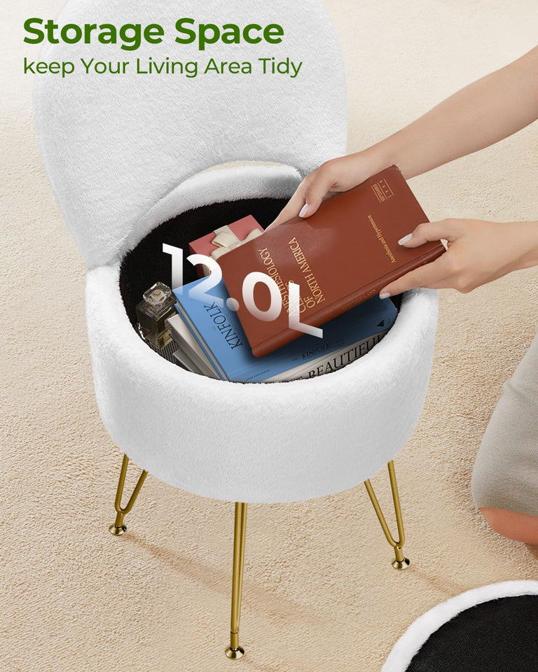GREENSTELL Small Vanity Stool Chair with Storage and Folding Back, 13" x 13" x 17.7" Faux Fur Soft Ottoman for Teenager, 4 Metal Legs with Anti-Slip Feet, Furry Padded Seat for Makeup, Bedroom, White