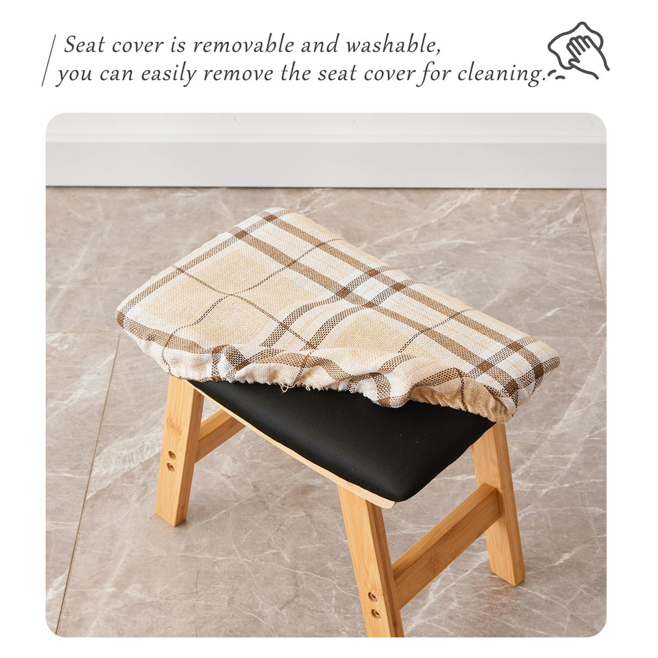 Foot Stool,Ottoman,Bamboo Small Sofa Foot Rest Under Desk,Extra Seating for Living Room, Bedroom and Kitchen(Brown Stool Legs - Beige Surface)