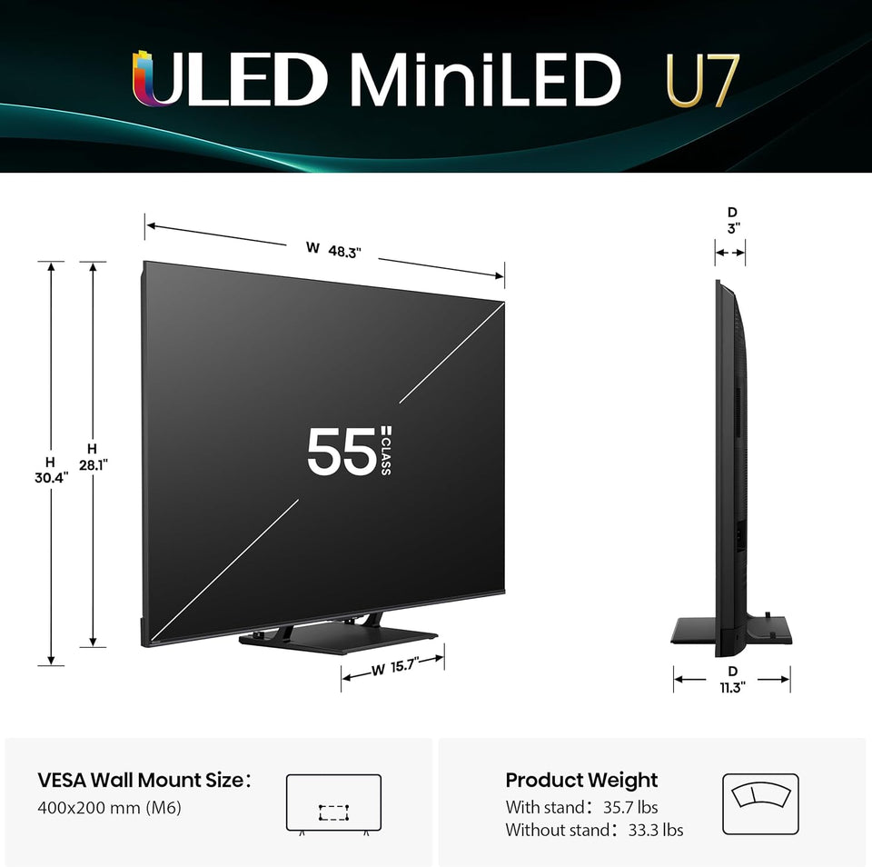Hisense 55" U7 Mini-LED ULED 4K UHD Best Premium Gaming Google Smart TV (55U75QG, 2025 Model) - QLED, Native 165Hz, VRR 288, Up to 3000 Nits, HDR10+, Dolby Vision IQ · Atmos, IMAX Enhanced, 2.1.2 Ch